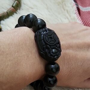 Onyx Beaded Bracelet with Carved Centerpiece